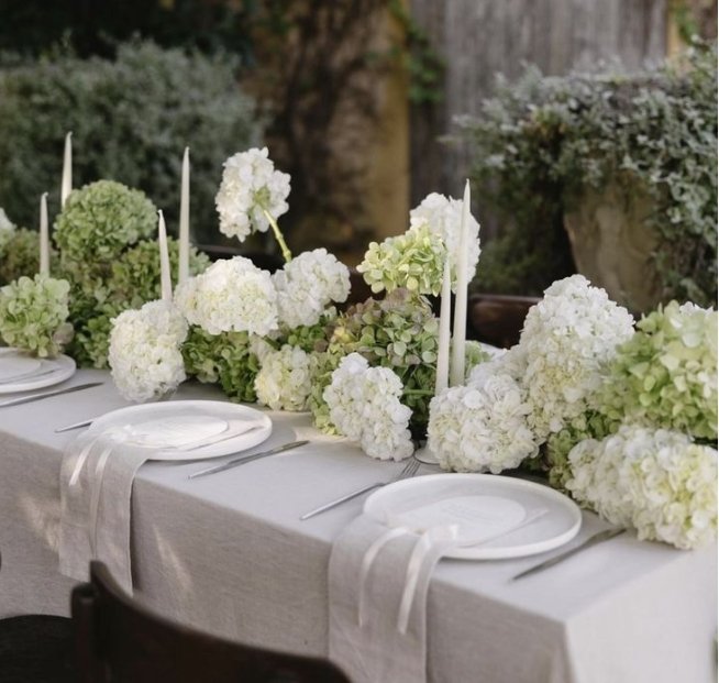 hydrangea arrangement on a wedding table